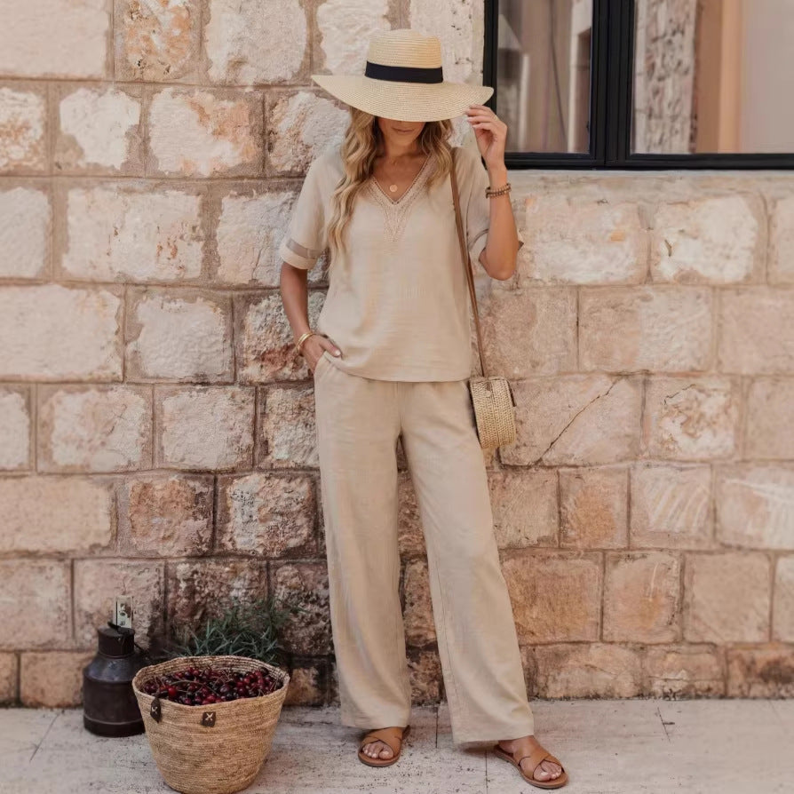 SheRoar V-Neck Embroidered Top & Wide-Leg Pants Set