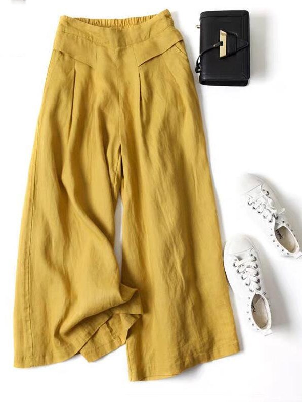 Women's  Elastic Waist H-Line Wide Leg Pants Daily Going Out Pants Yellow Casual Split Joint Plain Year-round Wear Pants