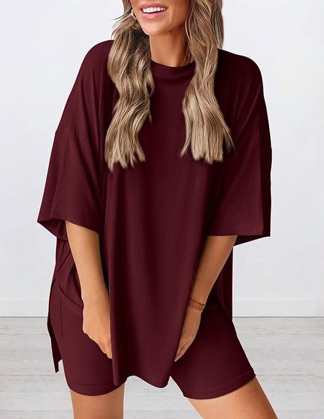 PRETTYGARDEN Women's Two Piece Lounge Set Summer Casual Oversized Shirts Biker Shorts Matching Airport Travel Outfit