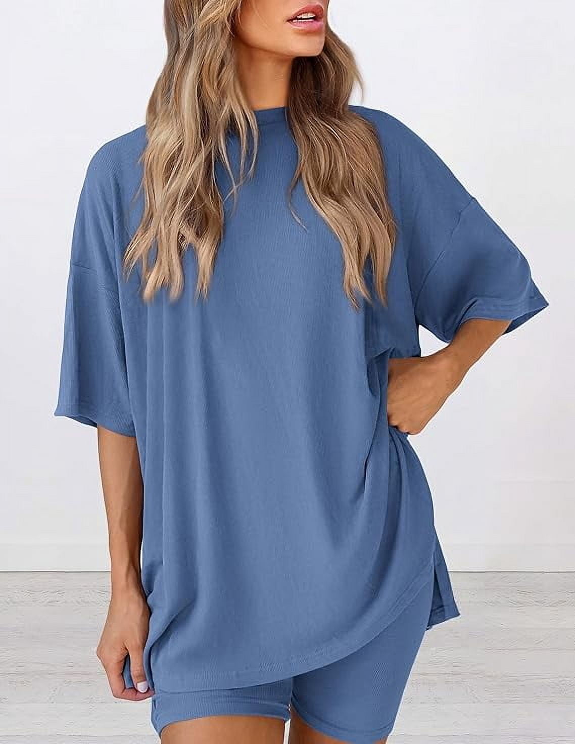 PRETTYGARDEN Women's Two Piece Lounge Set Summer Casual Oversized Shirts Biker Shorts Matching Airport Travel Outfit