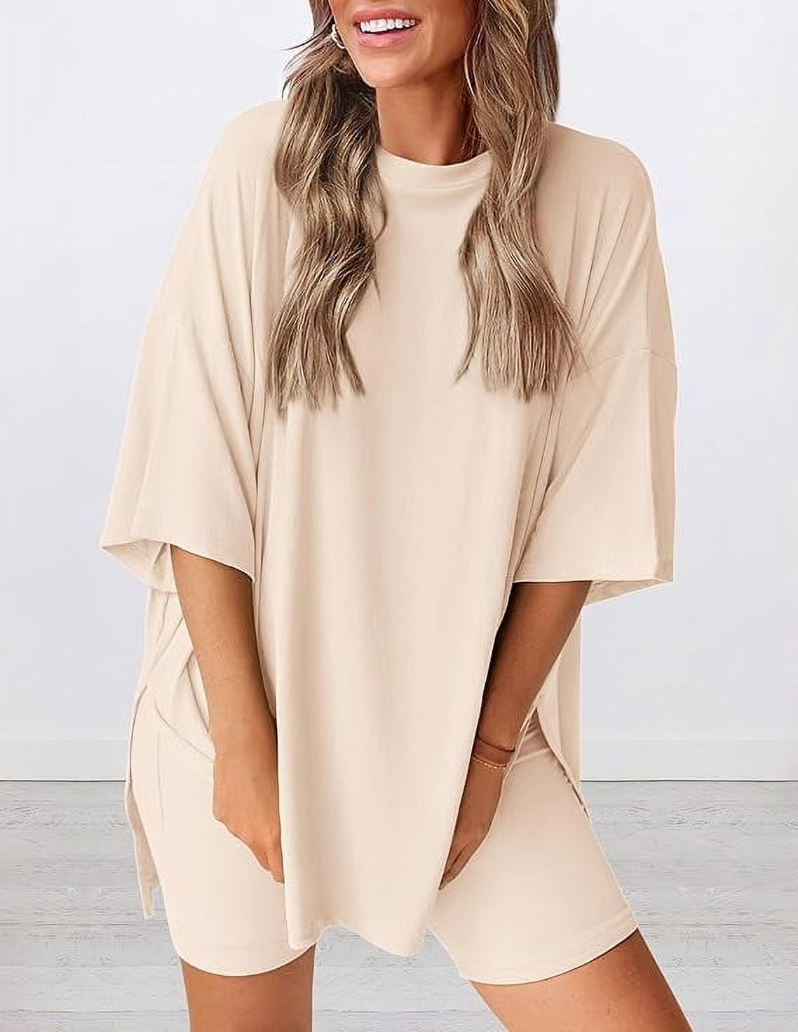 PRETTYGARDEN Women's Two Piece Lounge Set Summer Casual Oversized Shirts Biker Shorts Matching Airport Travel Outfit