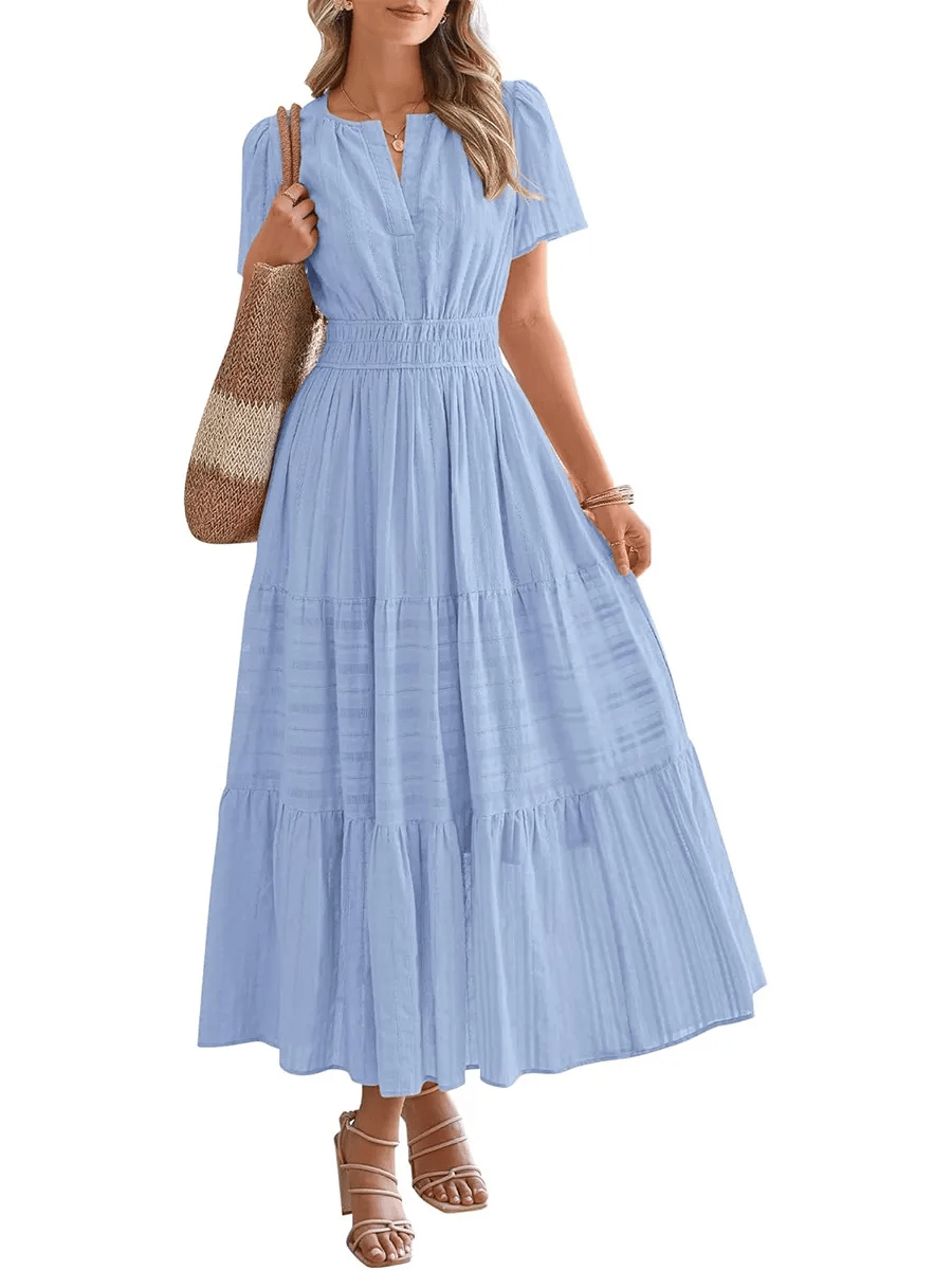 Womens Summer 2026 Casual Midi Maxi Dresses Lightweight Short Sleeve V Neck Elastic Waist Boho Beach Dress Pockets