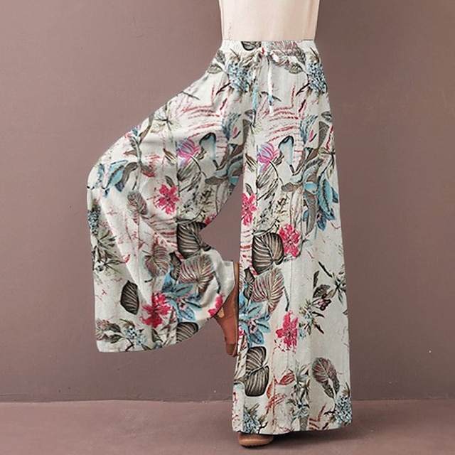 Women's Normal Culottes Wide Leg Wide Leg Pants Trousers Baggy Pants Fashion Full Length Mid Waist Flower / Floral Side Pockets Baggy High Cut Comfort Inelastic Casual Weekend Yellow Red Deep Blue