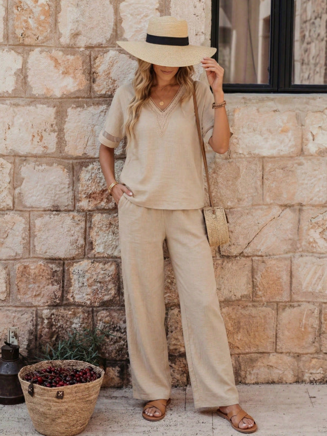 SheRoar V-Neck Embroidered Top & Wide-Leg Pants Set
