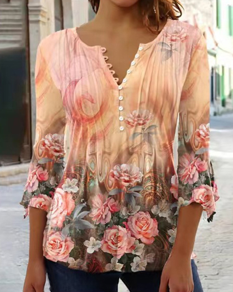 2025 Cross-Border European And American Spring And Summer Fashion New Women'S Floral Print V-Neck Short-Sleeved Pleated Button T-Shirt Bottoming Shirt