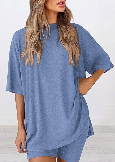 PRETTYGARDEN Women's Two Piece Lounge Set Summer Casual Oversized Shirts Biker Shorts Matching Airport Travel Outfit