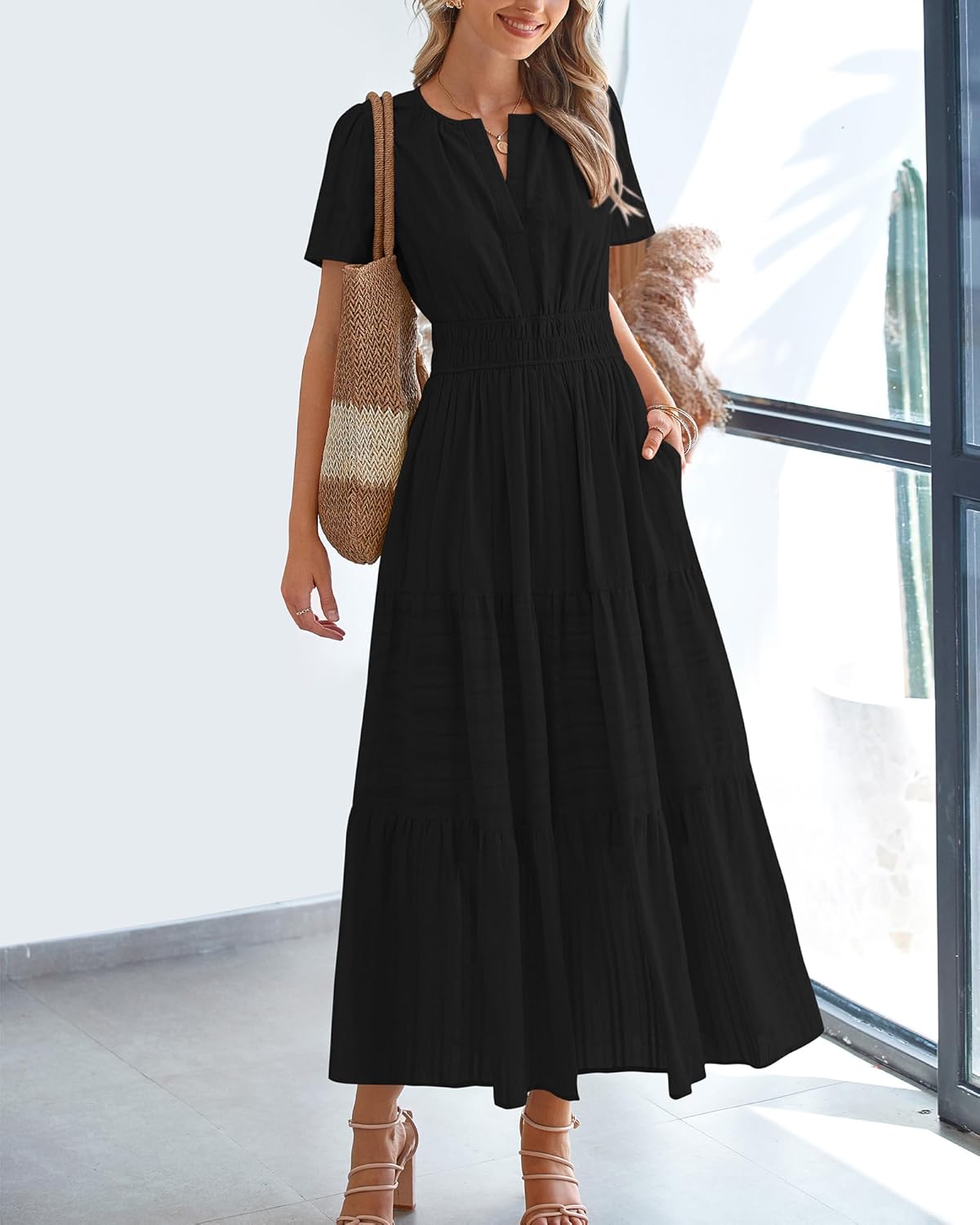 Womens Summer 2026 Casual Midi Maxi Dresses Lightweight Short Sleeve V Neck Elastic Waist Boho Beach Dress Pockets