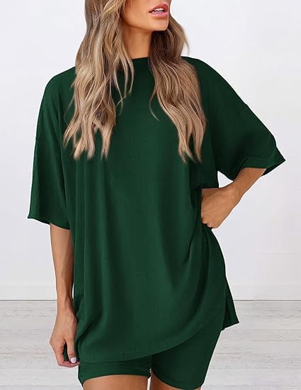 PRETTYGARDEN Women's Two Piece Lounge Set Summer Casual Oversized Shirts Biker Shorts Matching Airport Travel Outfit