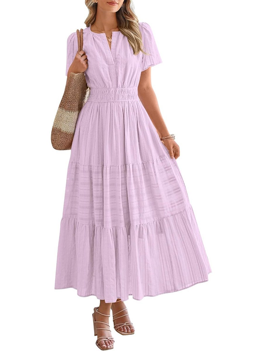 Womens Summer 2026 Casual Midi Maxi Dresses Lightweight Short Sleeve V Neck Elastic Waist Boho Beach Dress Pockets