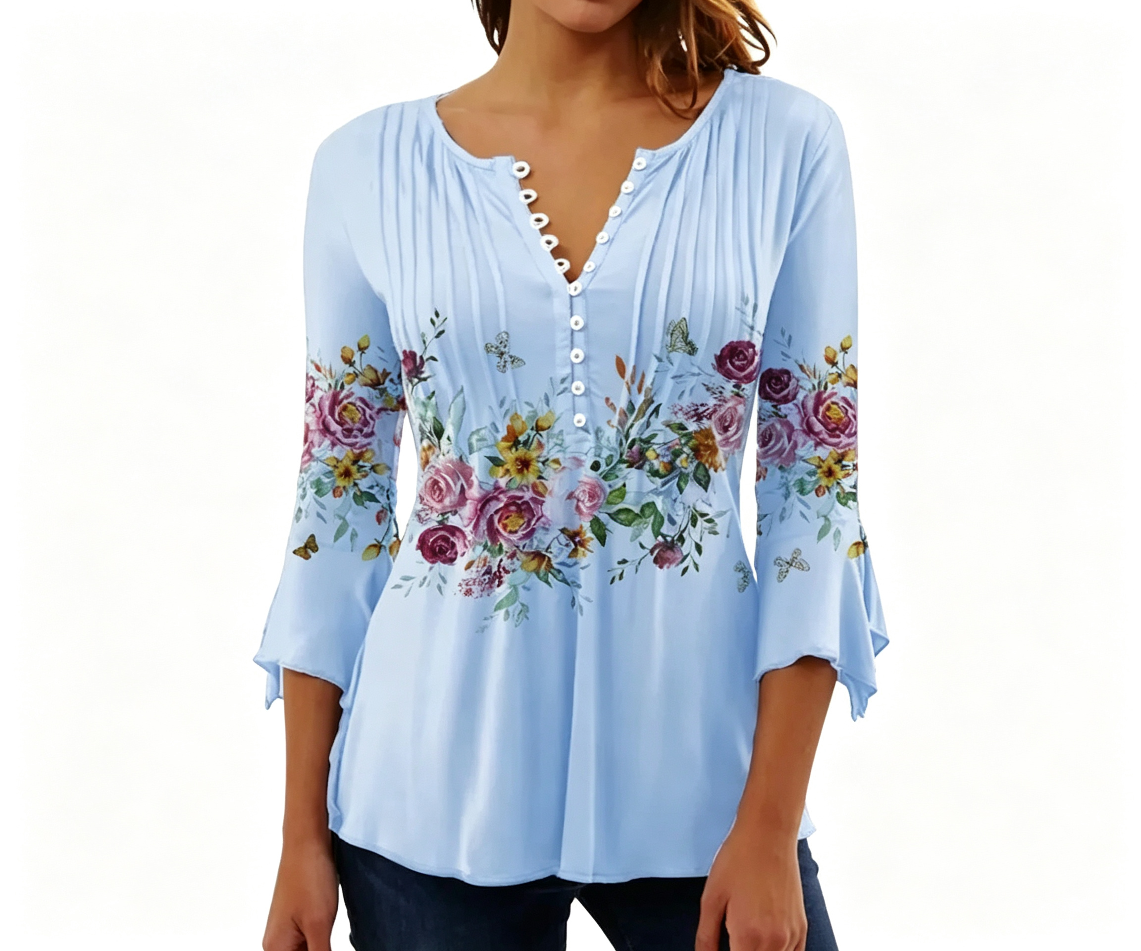 2025 Cross-Border European And American Spring And Summer Fashion New Women'S Floral Print V-Neck Short-Sleeved Pleated Button T-Shirt Bottoming Shirt