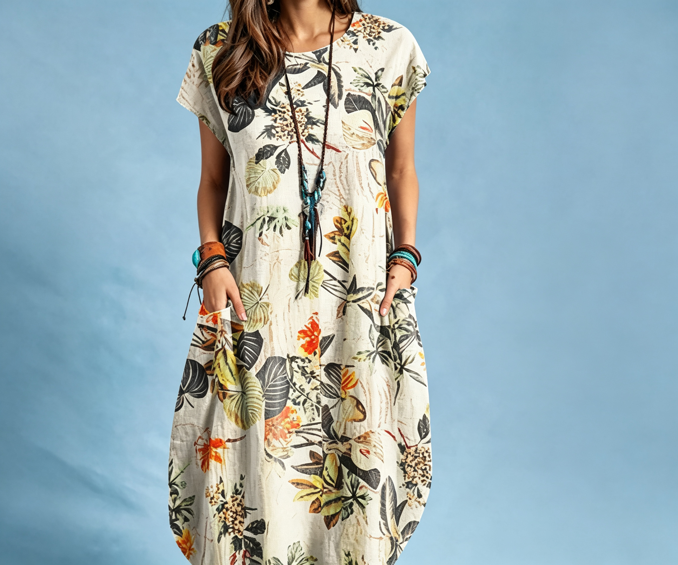 Women's Cotton Linen Floral Print Round Neck Pocket Irregular Hem Midi Dress