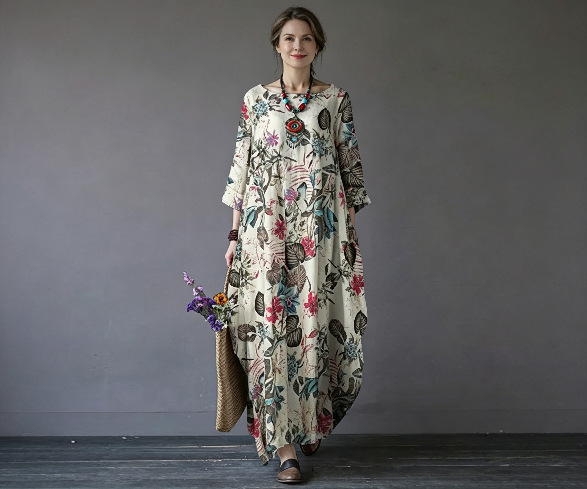 2026 New Cross-Border Large Size Women'S Cotton And Linen Printed National Style Retro Pullover Loose Round Neck Japanese And Korean Dress