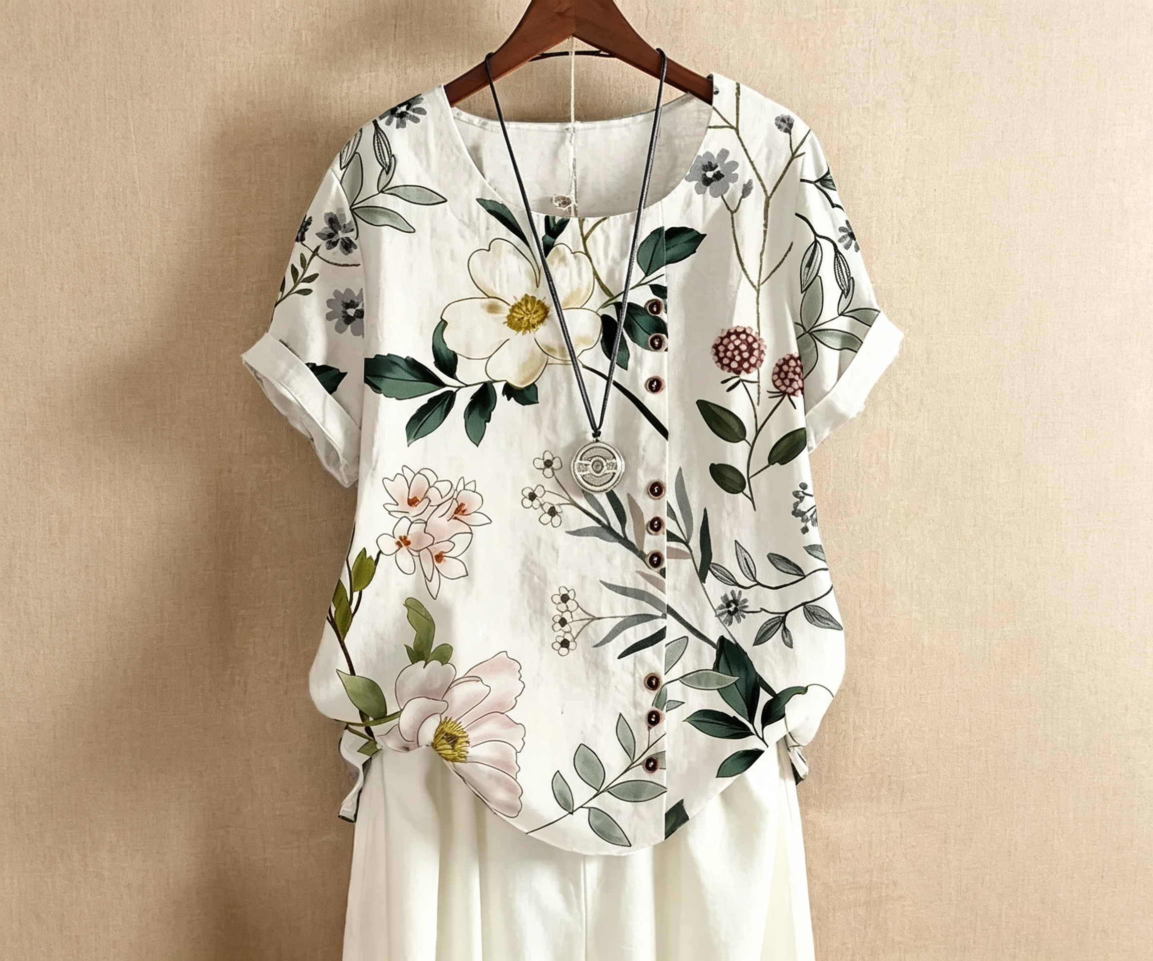 2026 Summer New Women Retro Printed Cotton Linen Loose Casual Short Sleeve Shirt