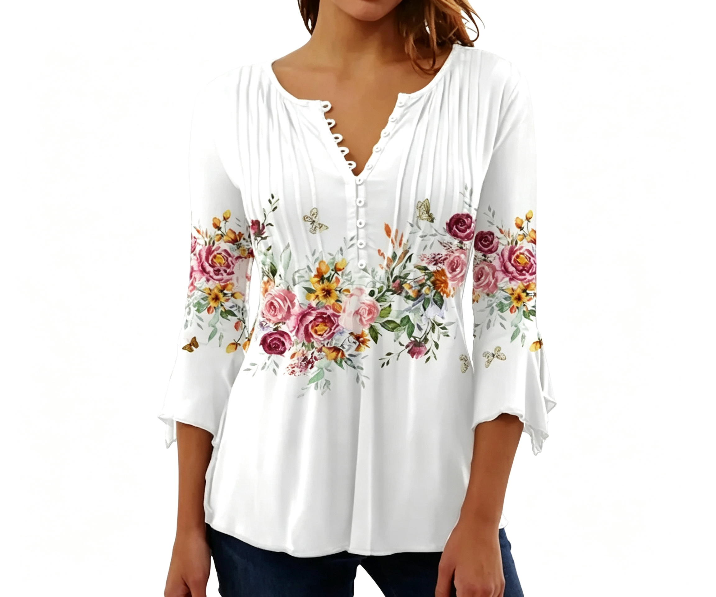 2025 Cross-Border European And American Spring And Summer Fashion New Women'S Floral Print V-Neck Short-Sleeved Pleated Button T-Shirt Bottoming Shirt