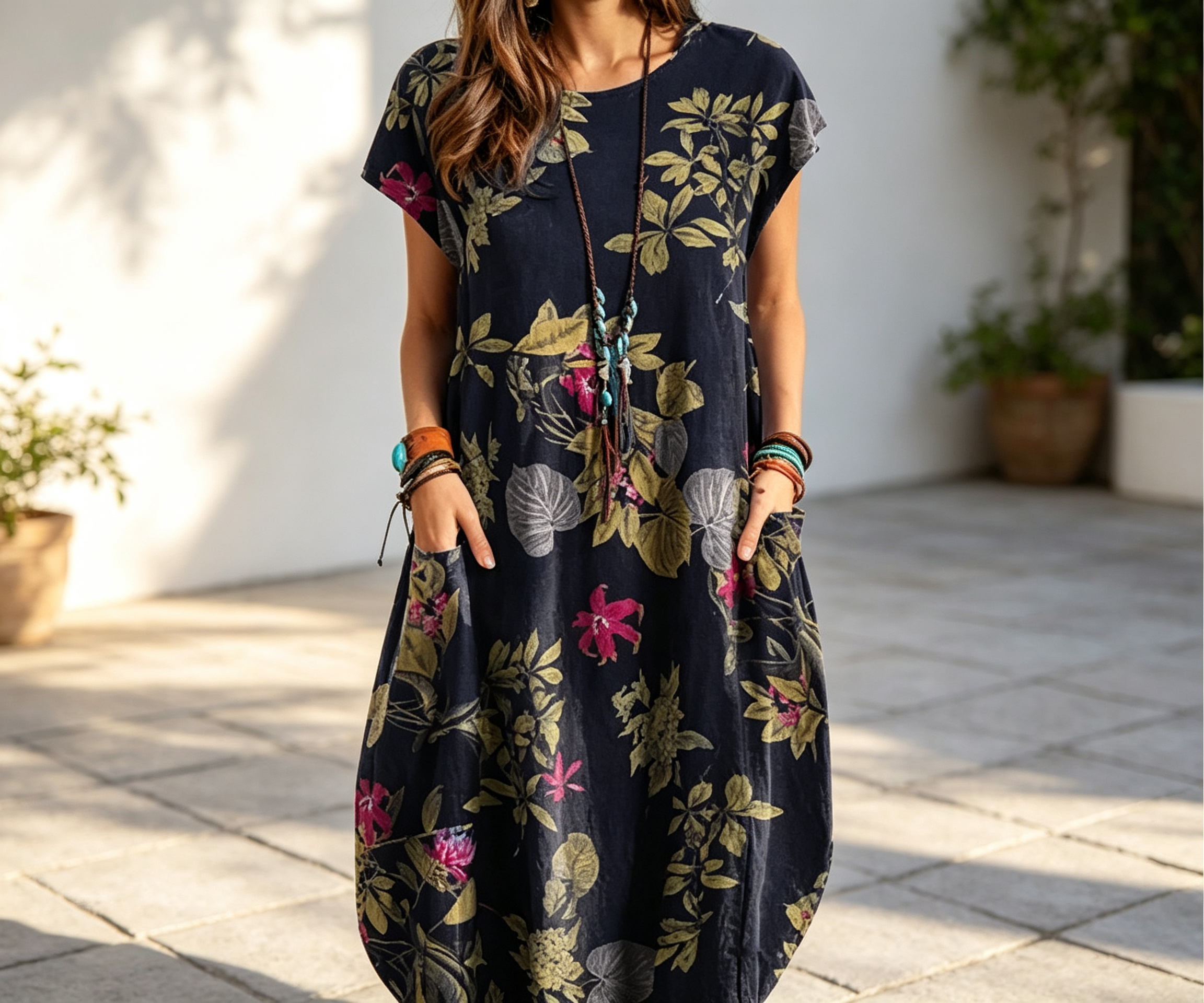 Women's Cotton Linen Floral Print Round Neck Pocket Irregular Hem Midi Dress
