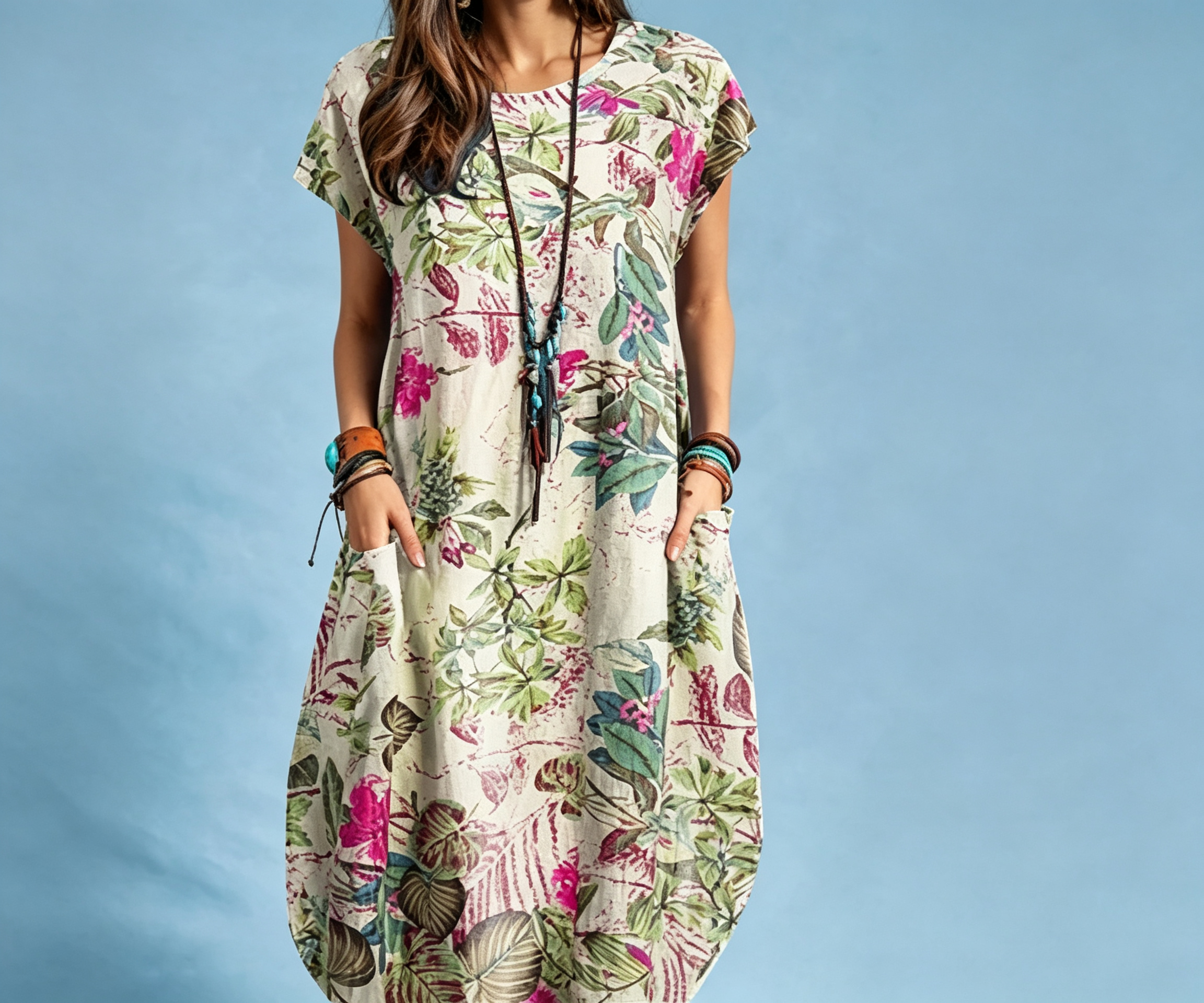 Women's Cotton Linen Floral Print Round Neck Pocket Irregular Hem Midi Dress