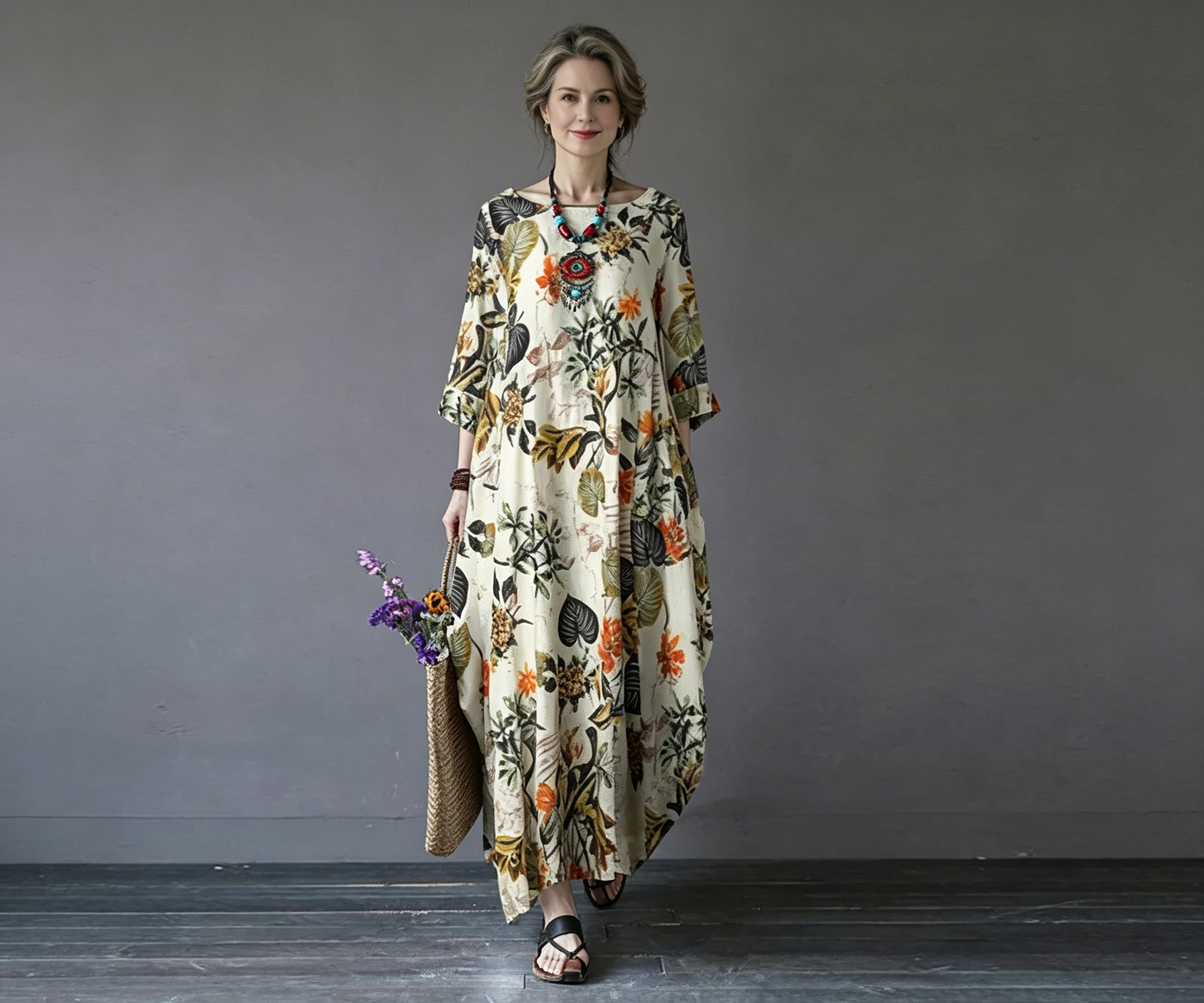 2026 New Cross-Border Large Size Women'S Cotton And Linen Printed National Style Retro Pullover Loose Round Neck Japanese And Korean Dress