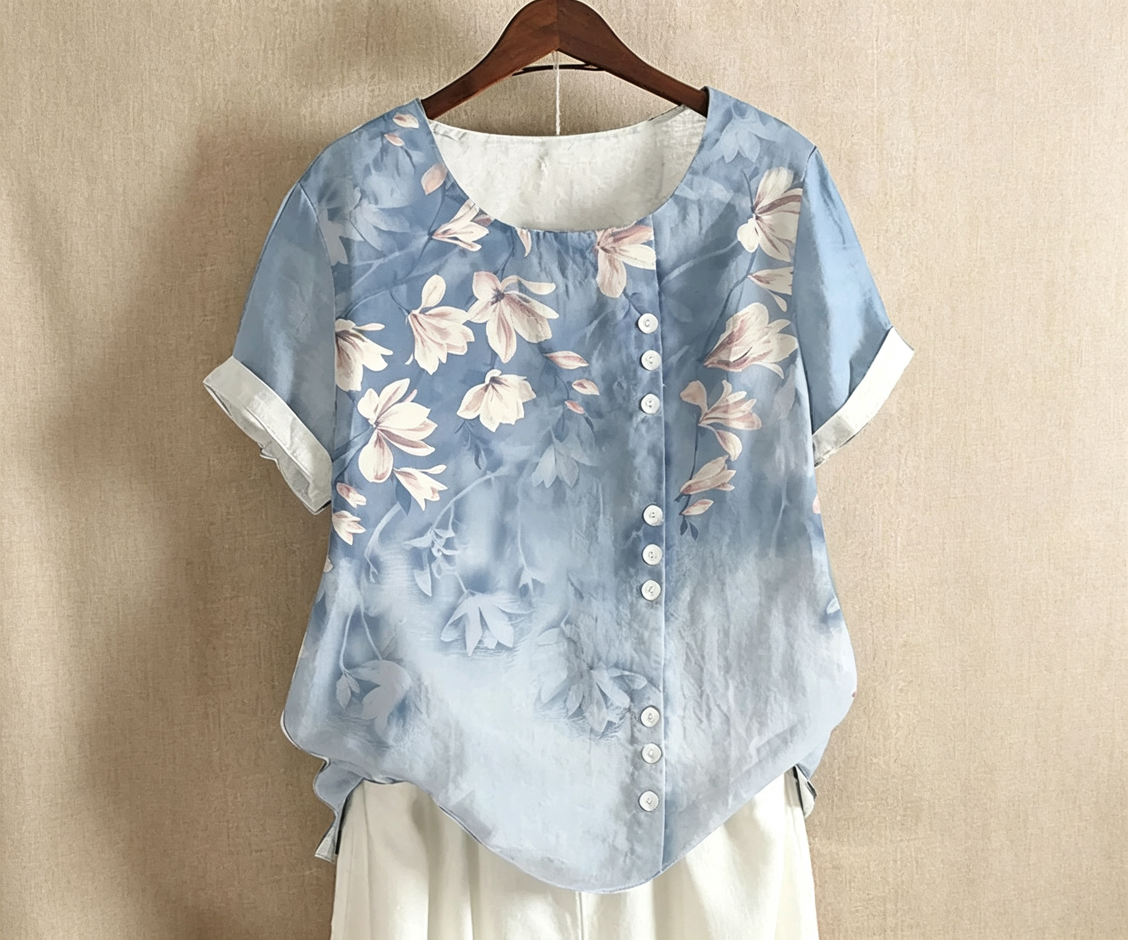 2026 Summer New Women Retro Printed Cotton Linen Loose Casual Short Sleeve Shirt