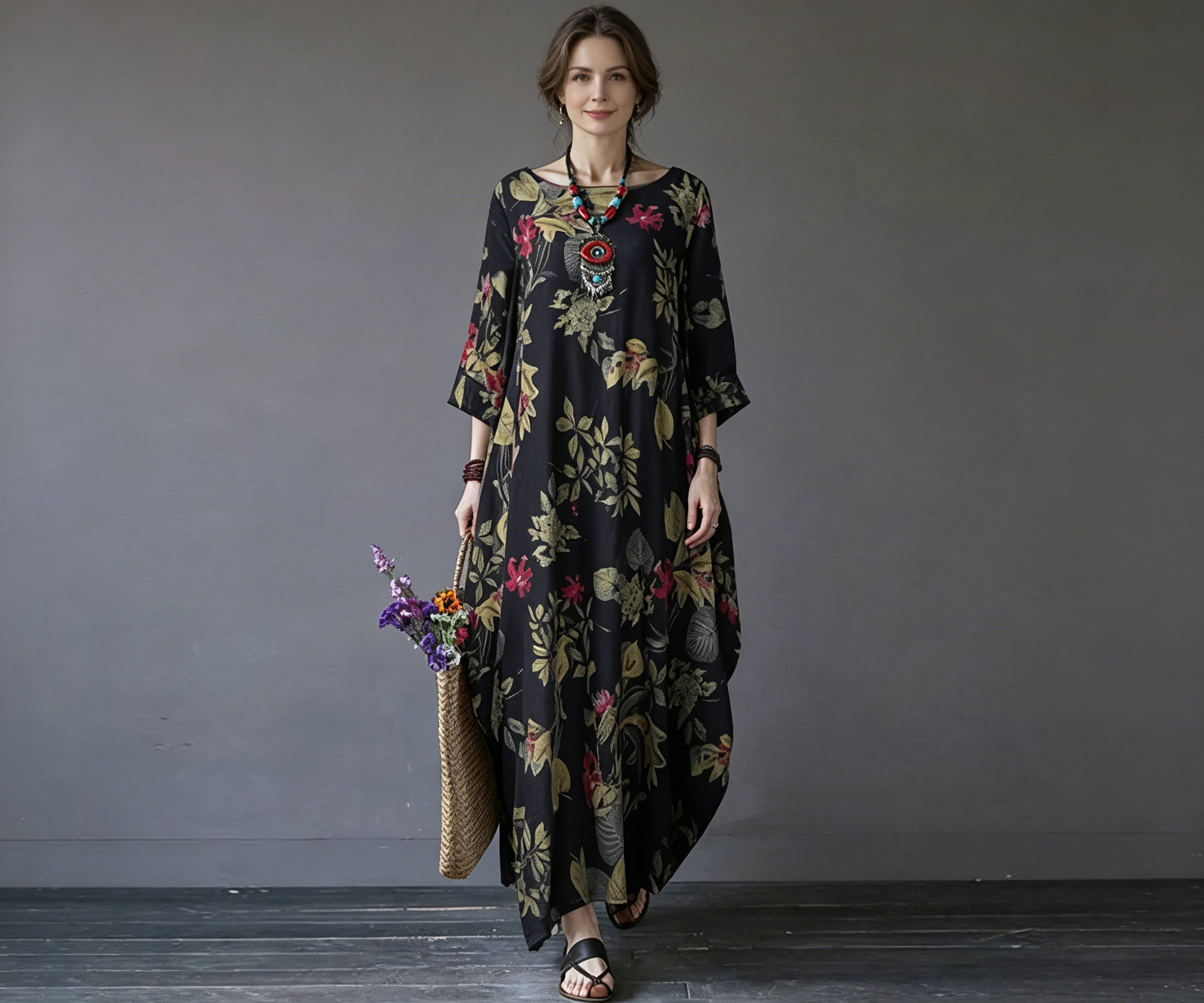 2026 New Cross-Border Large Size Women'S Cotton And Linen Printed National Style Retro Pullover Loose Round Neck Japanese And Korean Dress
