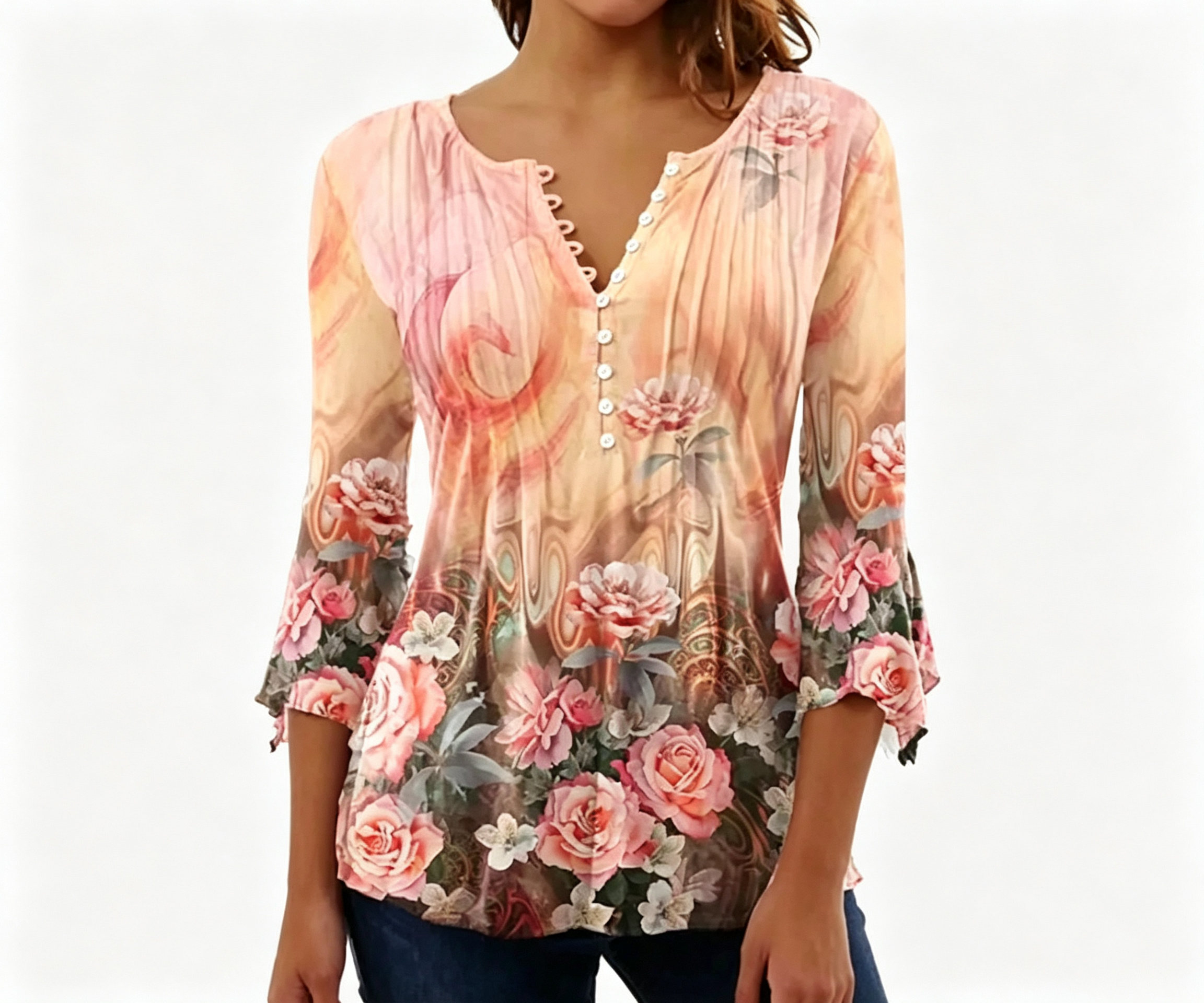 2025 Cross-Border European And American Spring And Summer Fashion New Women'S Floral Print V-Neck Short-Sleeved Pleated Button T-Shirt Bottoming Shirt