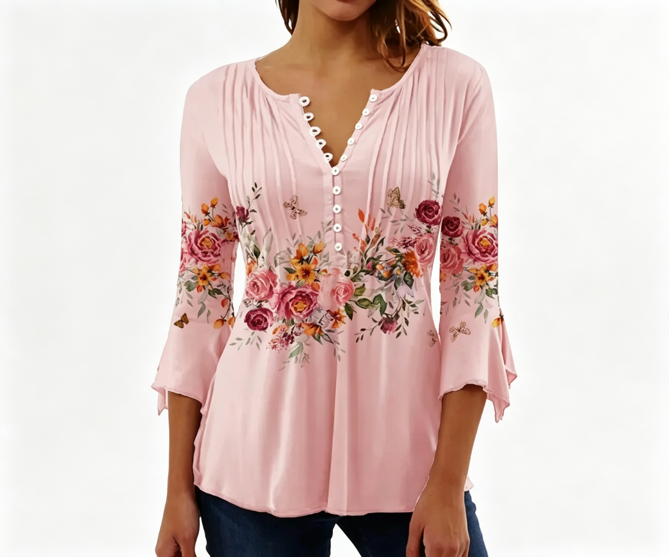 2025 Cross-Border European And American Spring And Summer Fashion New Women'S Floral Print V-Neck Short-Sleeved Pleated Button T-Shirt Bottoming Shirt