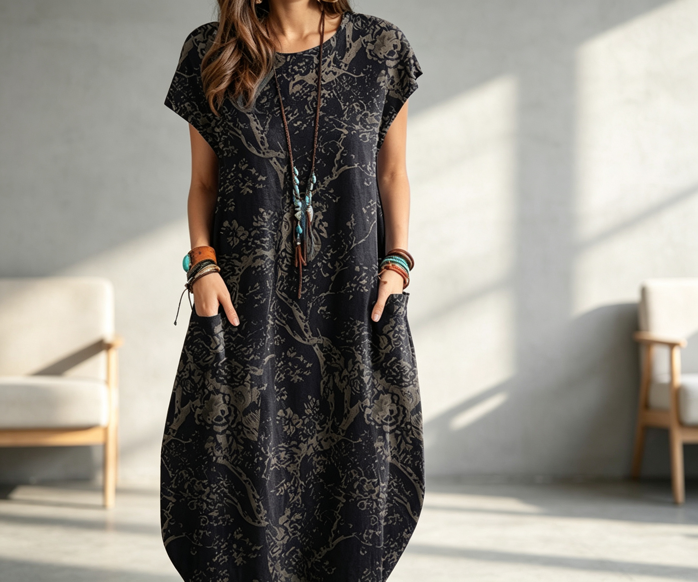 Women's Cotton Linen Floral Print Round Neck Pocket Irregular Hem Midi Dress