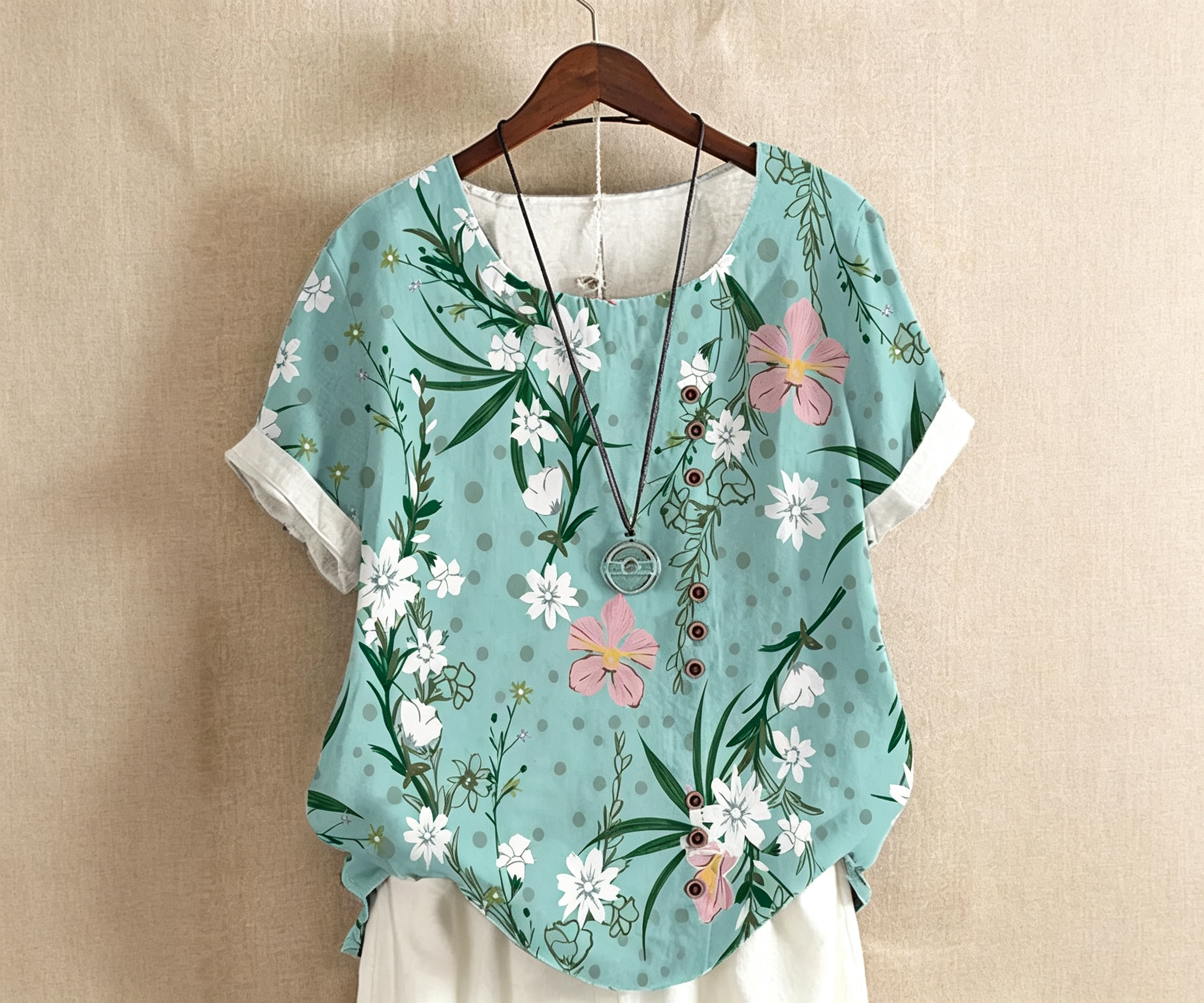 2026 Summer New Women Retro Printed Cotton Linen Loose Casual Short Sleeve Shirt