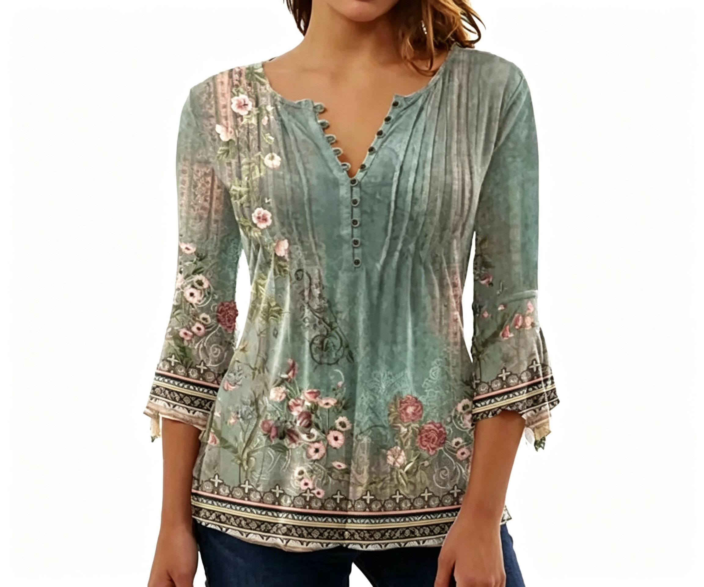 2025 Cross-Border European And American Spring And Summer Fashion New Women'S Floral Print V-Neck Short-Sleeved Pleated Button T-Shirt Bottoming Shirt
