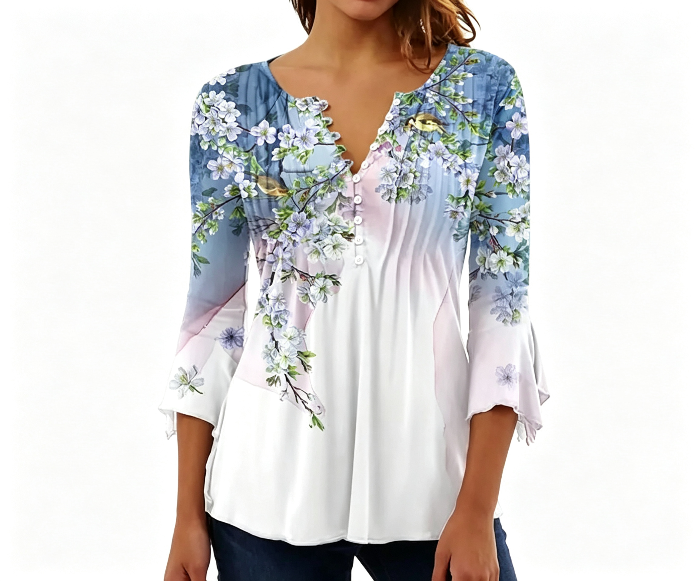 2025 Cross-Border European And American Spring And Summer Fashion New Women'S Floral Print V-Neck Short-Sleeved Pleated Button T-Shirt Bottoming Shirt