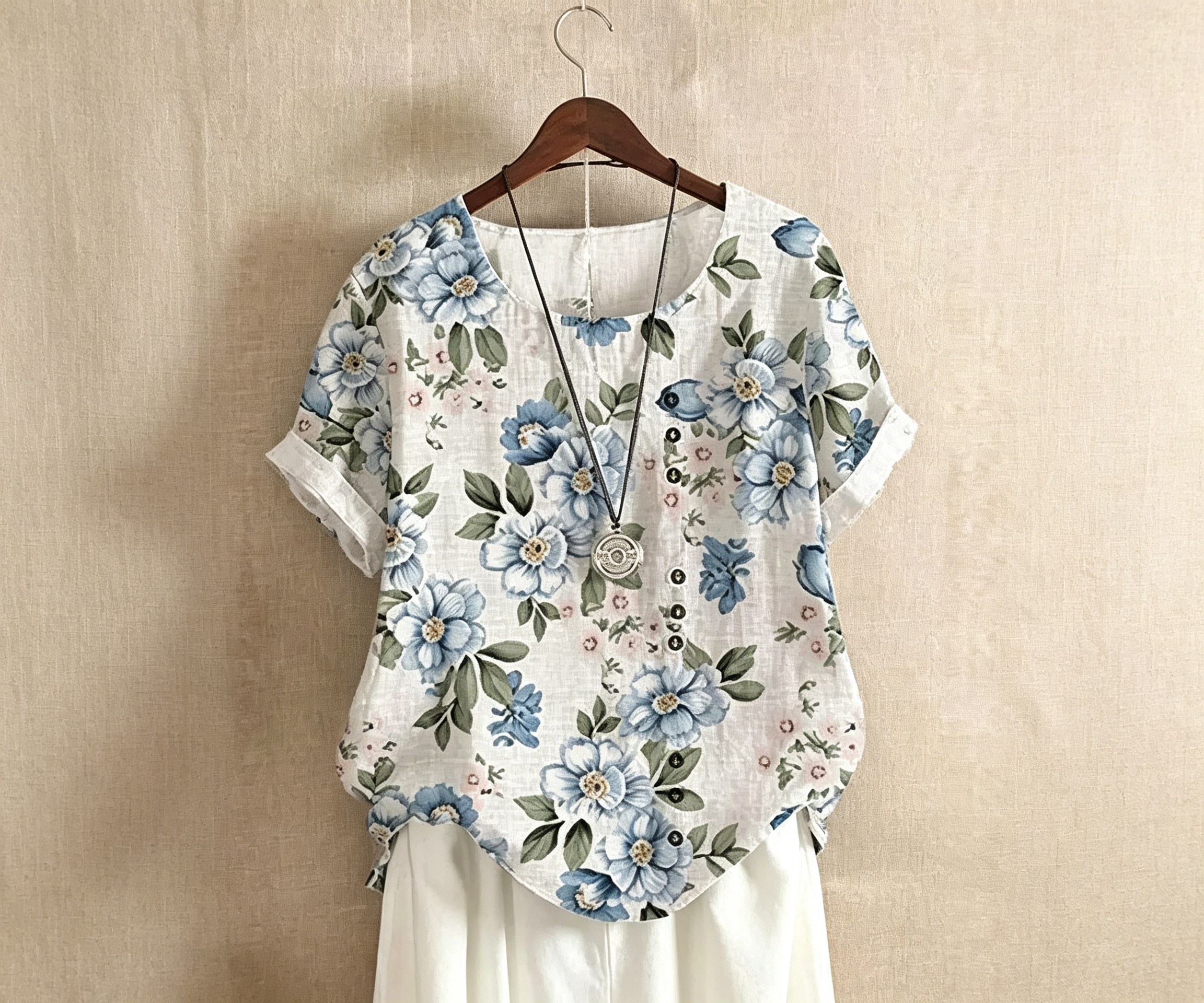 2026 Summer New Women Retro Printed Cotton Linen Loose Casual Short Sleeve Shirt