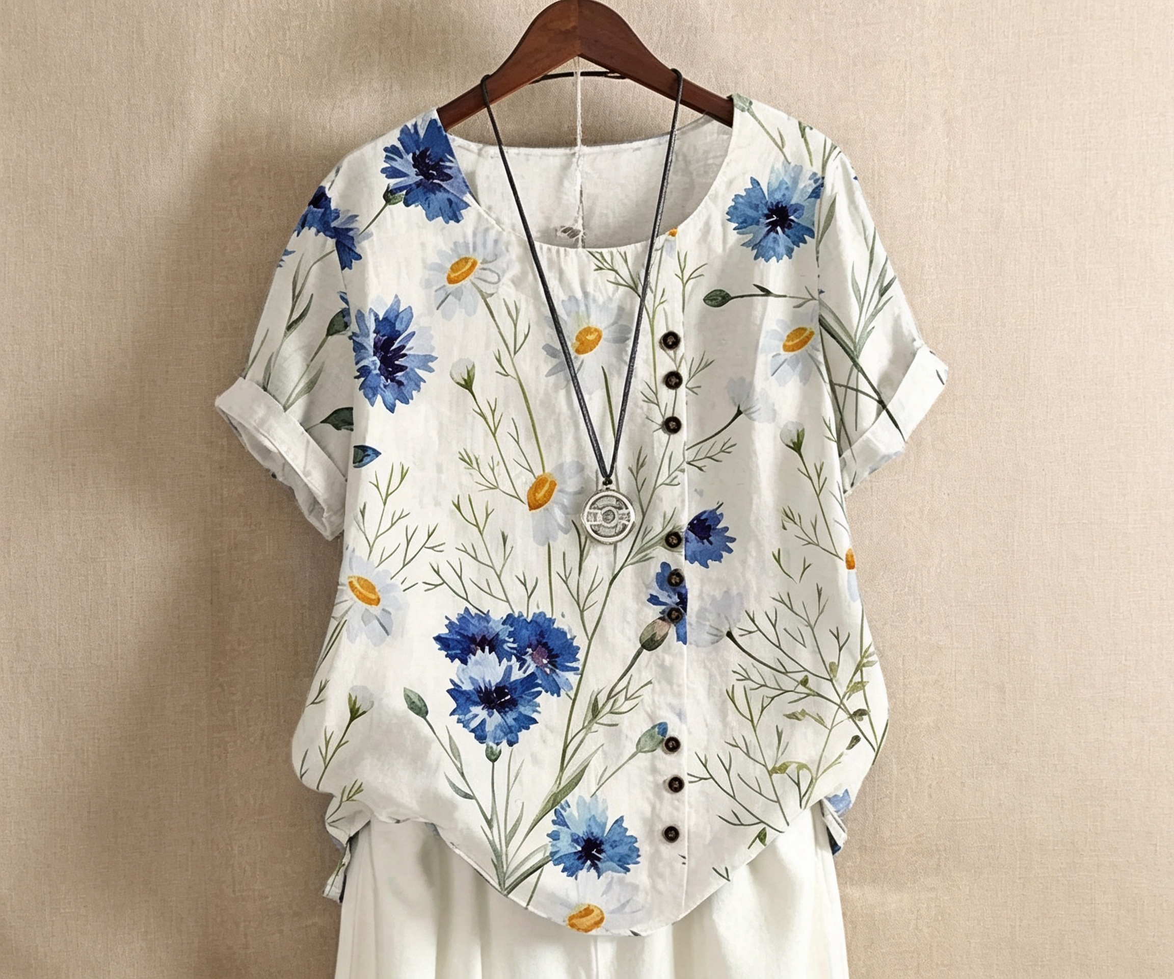 2026 Summer New Women Retro Printed Cotton Linen Loose Casual Short Sleeve Shirt