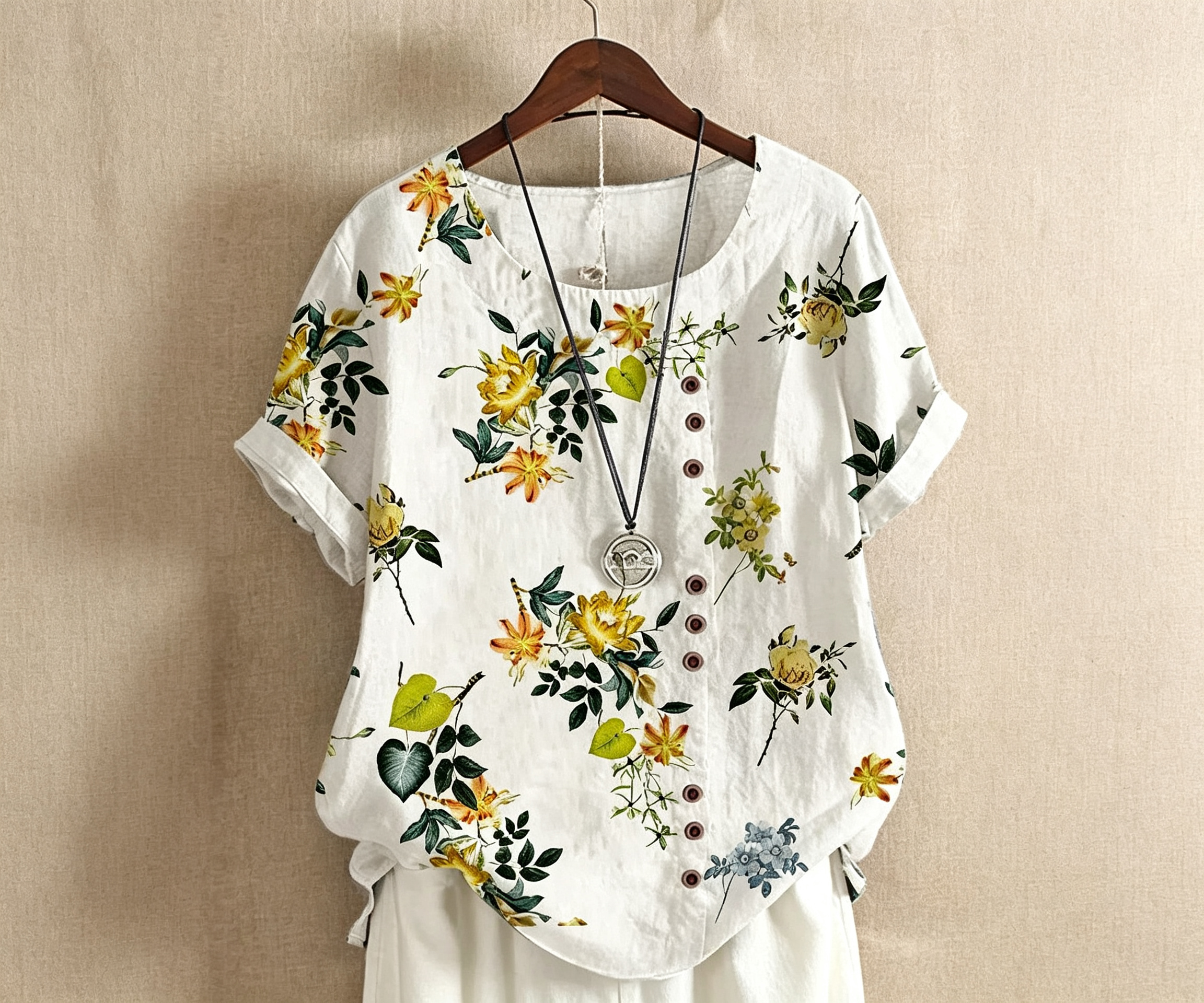 2026 Summer New Women Retro Printed Cotton Linen Loose Casual Short Sleeve Shirt