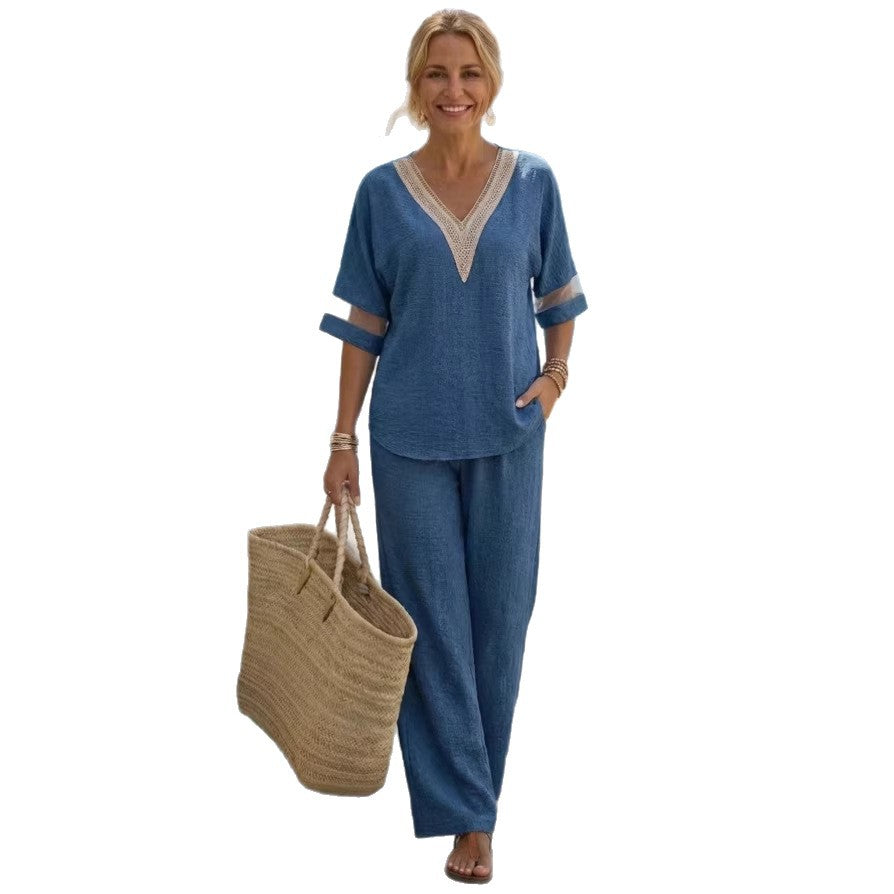 SheRoar V-Neck Embroidered Top & Wide-Leg Pants Set