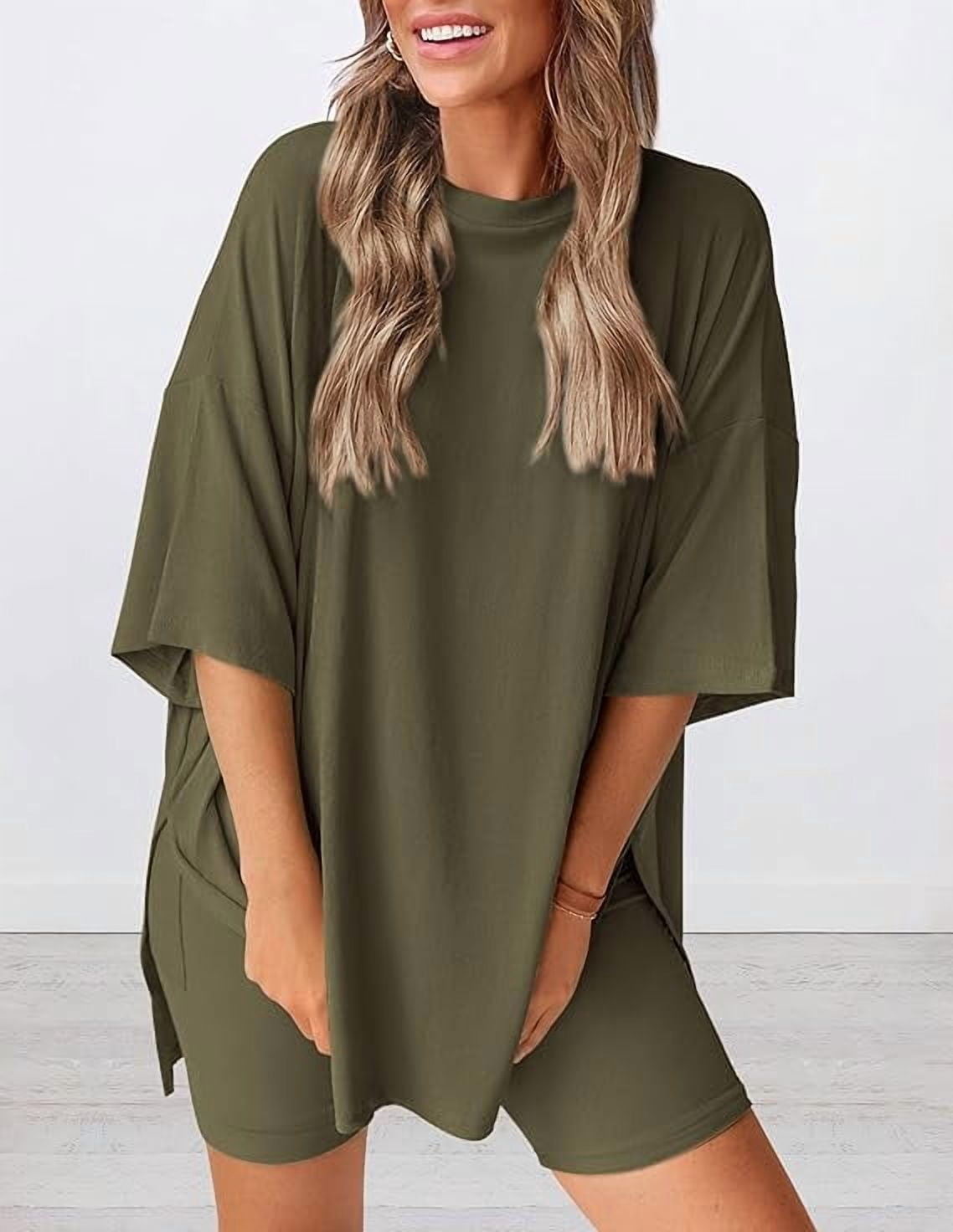 PRETTYGARDEN Women's Two Piece Lounge Set Summer Casual Oversized Shirts Biker Shorts Matching Airport Travel Outfit