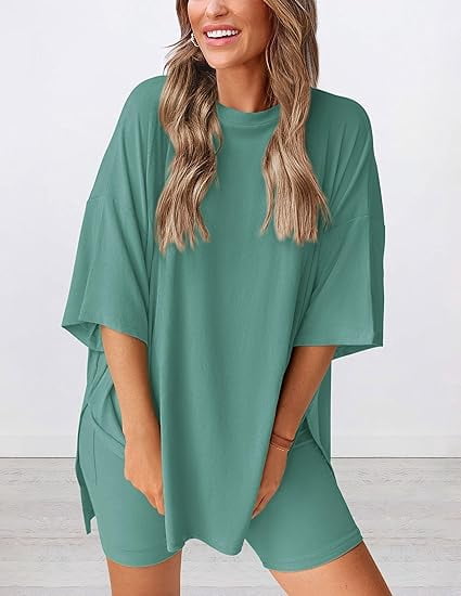 PRETTYGARDEN Women's Two Piece Lounge Set Summer Casual Oversized Shirts Biker Shorts Matching Airport Travel Outfit