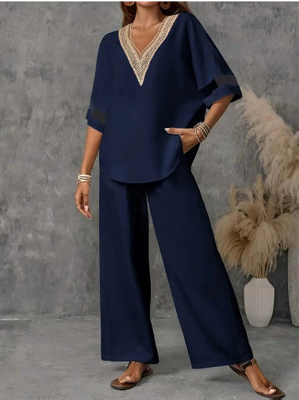 SheRoar V-Neck Embroidered Top & Wide-Leg Pants Set