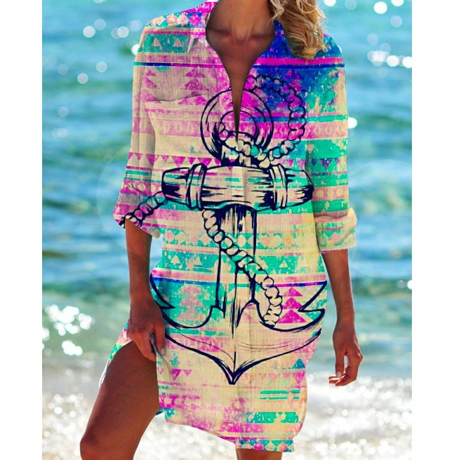 Women's Printed Vacation Beach Shirt, Bikini Cover Up, Swimsuit Cardigan