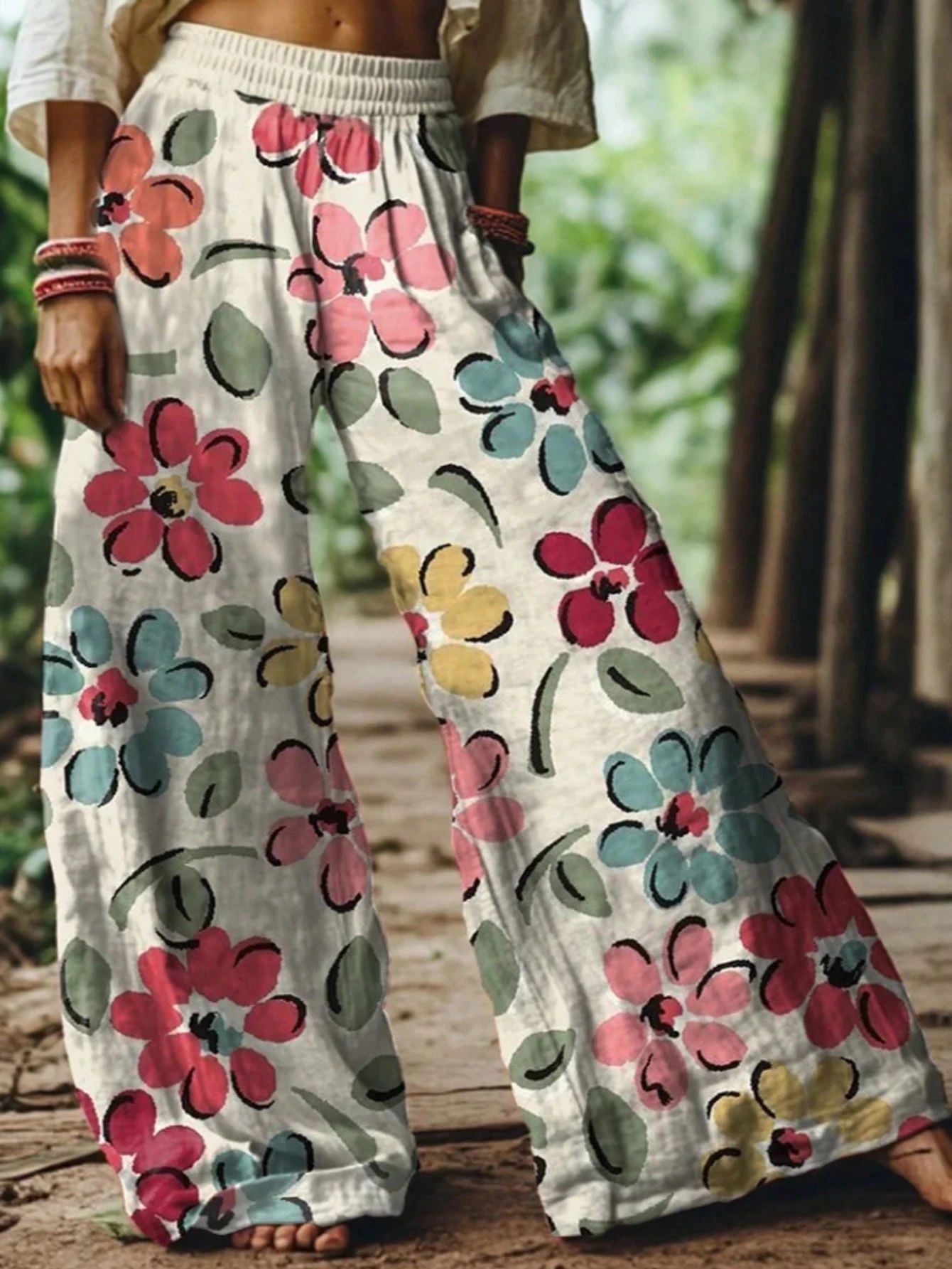 Bohemian Floral Wide Leg Pants, Draped Printed Trousers, Vacation Style Loose Straight Casual Pants