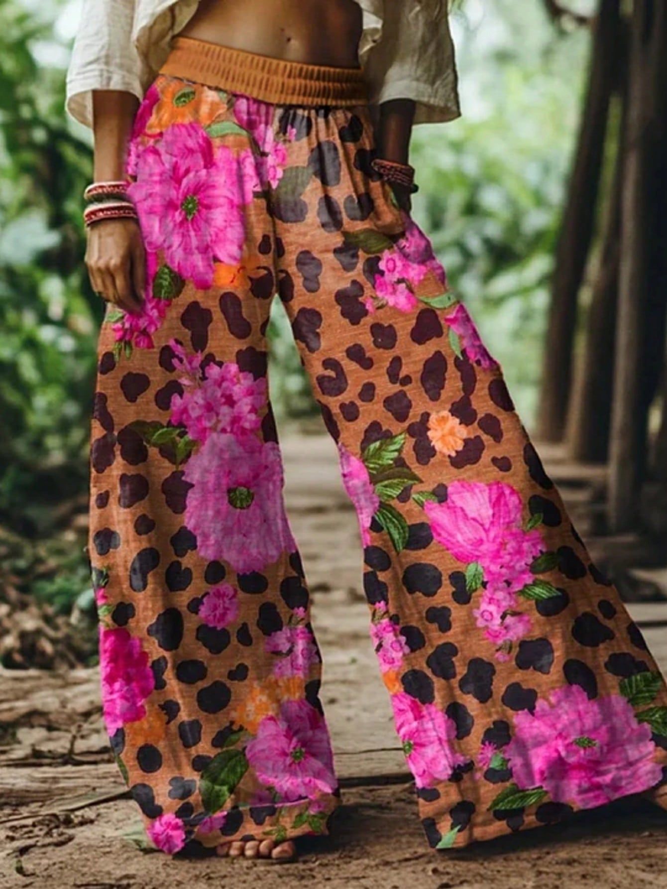 Bohemian Floral Wide Leg Pants, Draped Printed Trousers, Vacation Style Loose Straight Casual Pants
