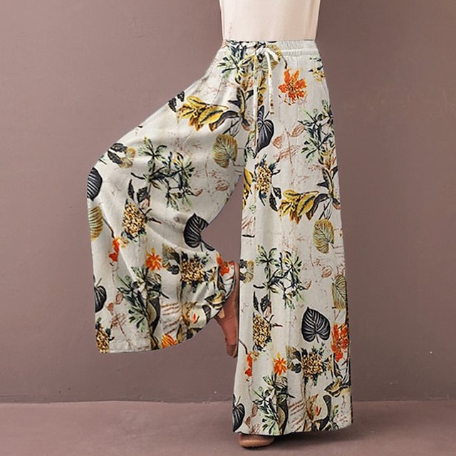 Women's Normal Culottes Wide Leg Wide Leg Pants Trousers Baggy Pants Fashion Full Length Mid Waist Flower / Floral Side Pockets Baggy High Cut Comfort Inelastic Casual Weekend Yellow Red Deep Blue