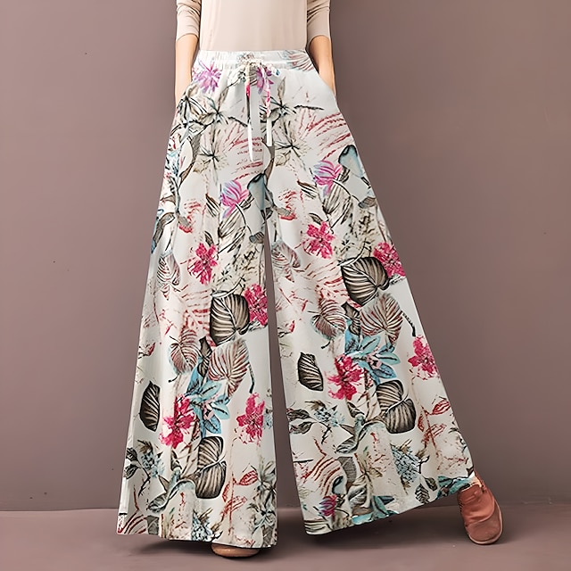 Women's Normal Culottes Wide Leg Wide Leg Pants Trousers Baggy Pants Fashion Full Length Mid Waist Flower / Floral Side Pockets Baggy High Cut Comfort Inelastic Casual Weekend Yellow Red Deep Blue