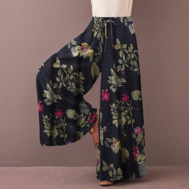 Women's Normal Culottes Wide Leg Wide Leg Pants Trousers Baggy Pants Fashion Full Length Mid Waist Flower / Floral Side Pockets Baggy High Cut Comfort Inelastic Casual Weekend Yellow Red Deep Blue