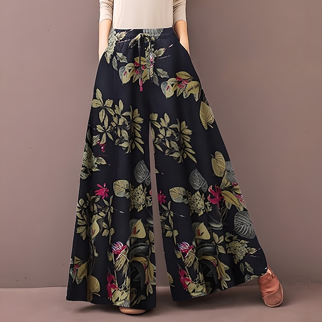 Women's Normal Culottes Wide Leg Wide Leg Pants Trousers Baggy Pants Fashion Full Length Mid Waist Flower / Floral Side Pockets Baggy High Cut Comfort Inelastic Casual Weekend Yellow Red Deep Blue