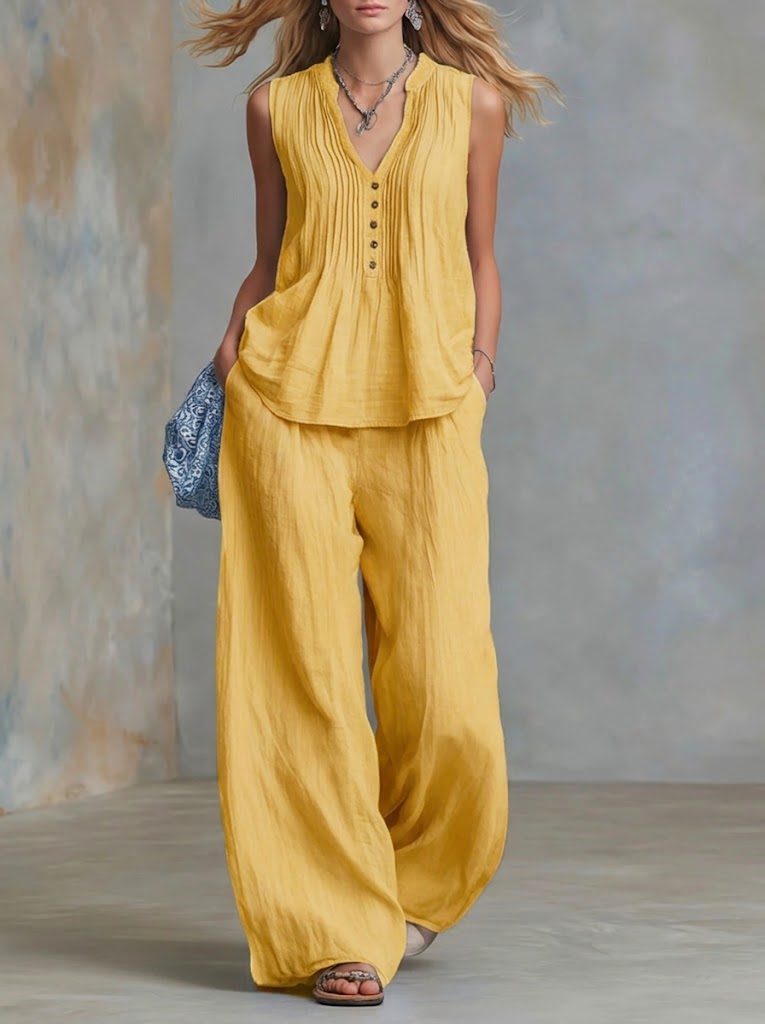 Plus Size Friendly Casual Linen And Cotton Pleated Sleeveless Top And Pants Two-piece Set