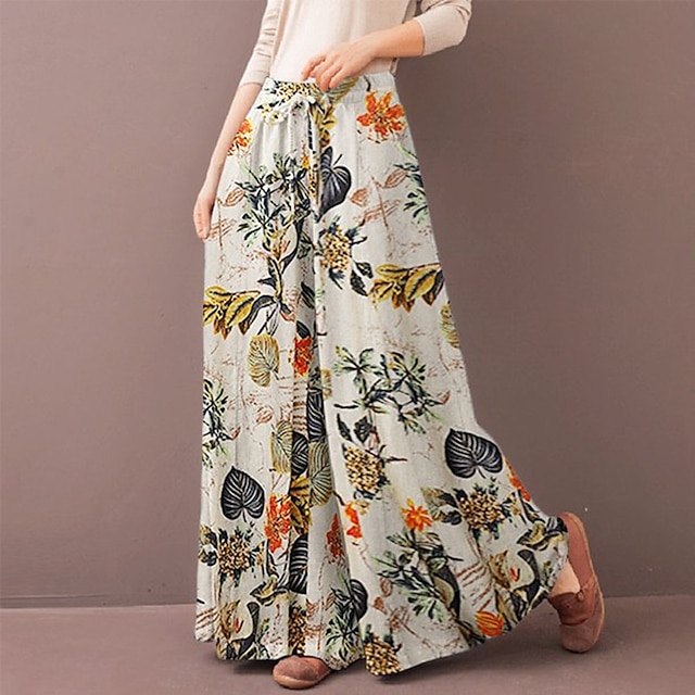 Women's Normal Culottes Wide Leg Wide Leg Pants Trousers Baggy Pants Fashion Full Length Mid Waist Flower / Floral Side Pockets Baggy High Cut Comfort Inelastic Casual Weekend Yellow Red Deep Blue