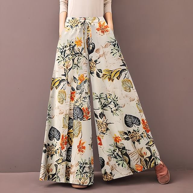 Women's Normal Culottes Wide Leg Wide Leg Pants Trousers Baggy Pants Fashion Full Length Mid Waist Flower / Floral Side Pockets Baggy High Cut Comfort Inelastic Casual Weekend Yellow Red Deep Blue