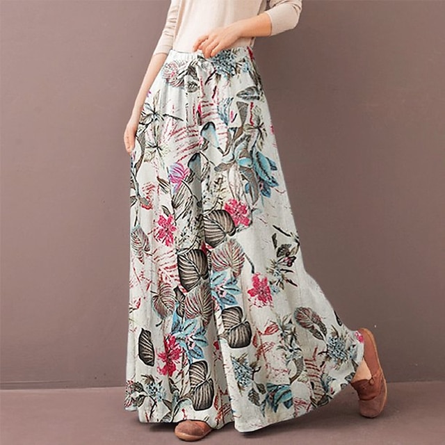 Women's Normal Culottes Wide Leg Wide Leg Pants Trousers Baggy Pants Fashion Full Length Mid Waist Flower / Floral Side Pockets Baggy High Cut Comfort Inelastic Casual Weekend Yellow Red Deep Blue