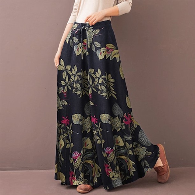 Women's Normal Culottes Wide Leg Wide Leg Pants Trousers Baggy Pants Fashion Full Length Mid Waist Flower / Floral Side Pockets Baggy High Cut Comfort Inelastic Casual Weekend Yellow Red Deep Blue