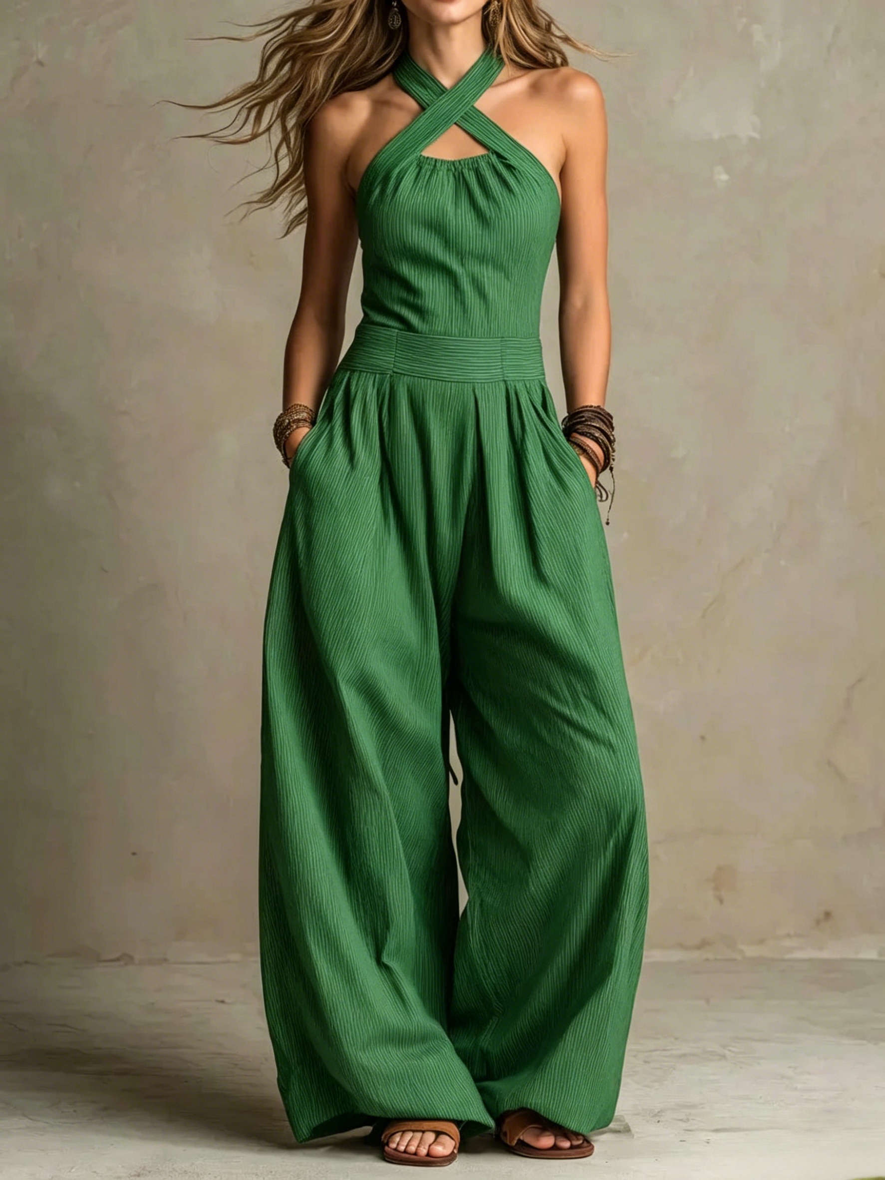 Women's Cross-neck Halter Design Cotton-linen Jumpsuit