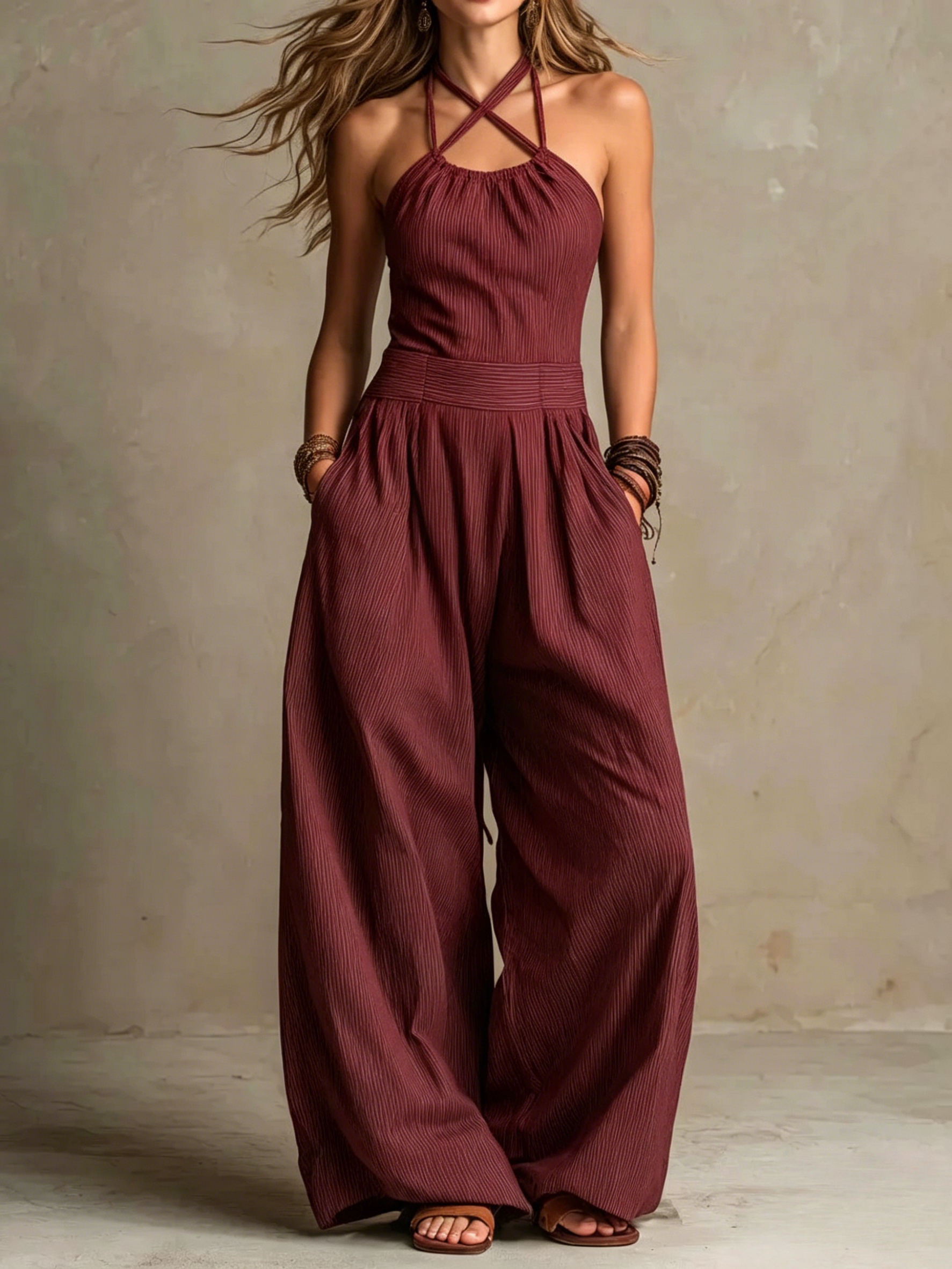 Women's Cross-neck Halter Design Cotton-linen Jumpsuit